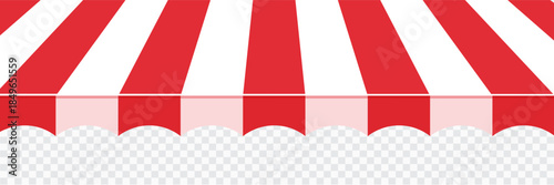 Awning tent canopy striped roof, sunshade. Cafe, shop or restaurant front view curtain. Rain protection awning for franchise stores