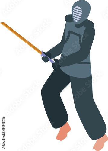 Kendo fighter practicing with a wooden sword called shinai, wearing traditional protective equipment