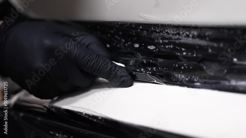 A technician removes protective film from a car. Auto detailing.