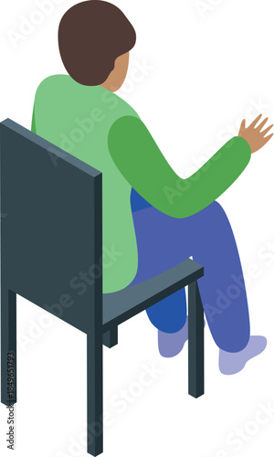 Man sitting on chair making hand gesture, isometric view