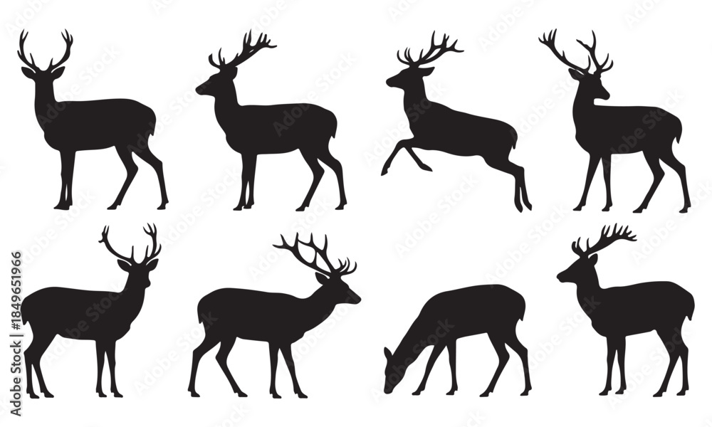 Naklejka premium Deer silhouettes in various poses on white background Vector Art