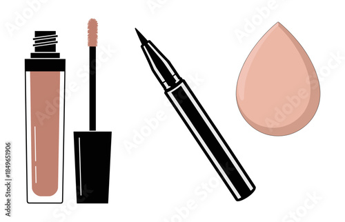 Modern vector illustration of lip gloss, black eyeliner pencil, and beauty blender sponge arranged on transparent  background.
