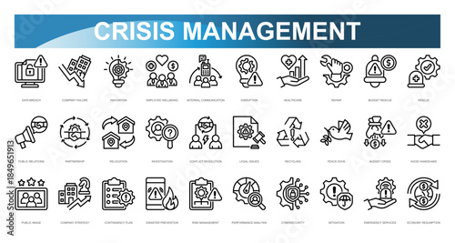 Crisis Management icon set. Data Breach, Company Failure, Innovation, Employee Wellbeing, Internal Communication, Disruption, Healthcare, Repair, Budget Rescue, Rescue. Vector illustration
