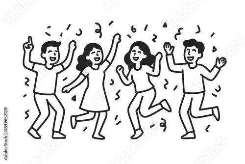 Happy people dancing and celebrating with confetti