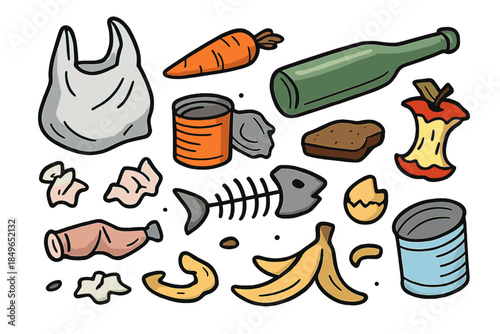 Assortment of discarded trash items on a dark background