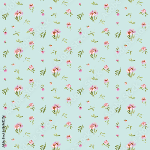 Seamless watercolor floral pattern with pink flowers on pastel mint background