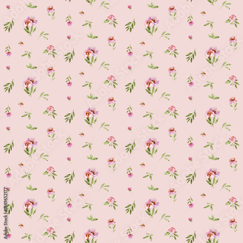 Seamless watercolor floral pattern with pink flowers on pastel pink background