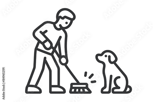 Person sweeping with dog nearby