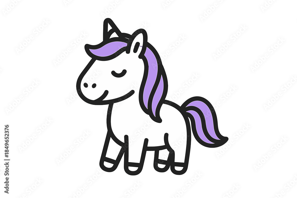 Fototapeta premium Cute cartoon unicorn with purple mane and tail