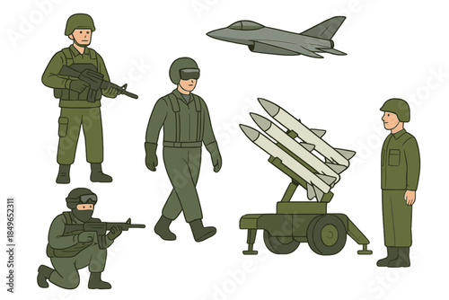Military scene with soldiers, missiles, and aircraft