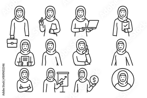 Set of Line Art Icons of Muslim Women in Professional Settings