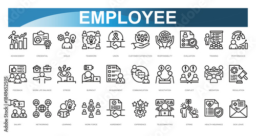 Employee Icon set. Vector illustration. Advancement, Credential, Skills, Teamwork, Union, Customer Satisfaction, Responsibility, Evaluation, Training, Performance. Vector illustration