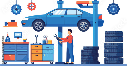 Car Repair Workshop Illustration with Auto Mechanic and Vehicle Lift Service Concept