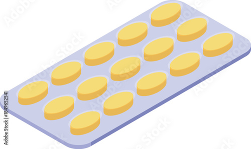 Pharmaceutical blister pack containing oval yellow pills presented on a white background
