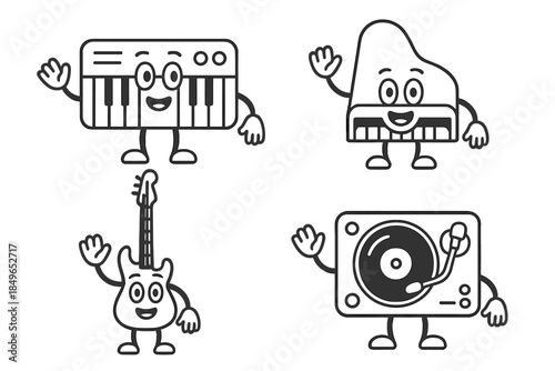 Funny musical instruments with faces and limbs waving