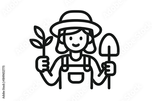 Farmer character holding a seedling and a shovel