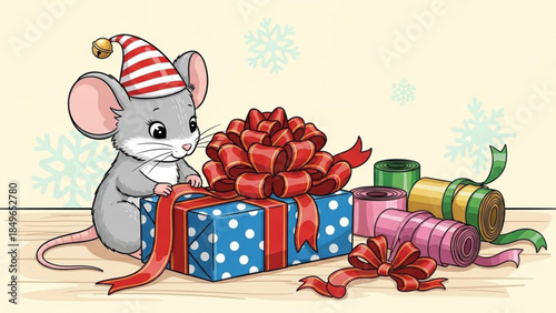 Christmas Mouse and Gifts: A charming mouse adorned in a festive hat diligently wraps a beautifully wrapped present, creating a whimsical and joyous holiday scene.