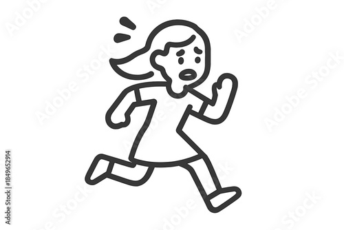 Worried girl running away, line art against gradient background