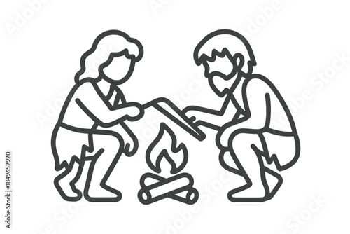Prehistoric couple cooking over a campfire
