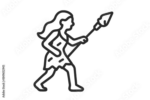 Cavewoman holding a spear, historical outline on gradient background