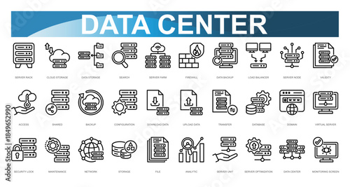 Data Center Icon set. Vector illustration. Server Rack, Cloud Storage, Data Storage, Search, Server Farm, Firewall, Data Backup, Load Balancer, Server Node, Validity. Vector illustration