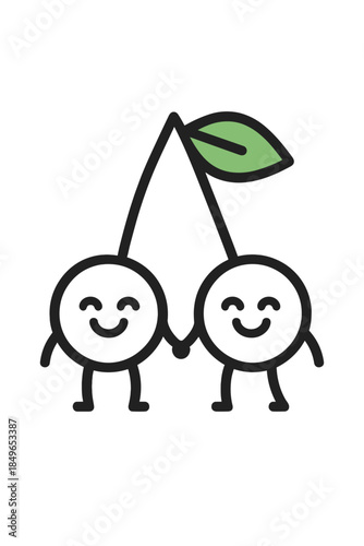 Cute Cherries Holding Hands with Green Leaf