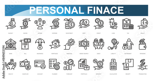 Personal Finance Icon set. Vector illustration. Budget, Saving, Income, Expense, Investment, Debt, Credit, Loan, Tax, Wallet. Vector illustration