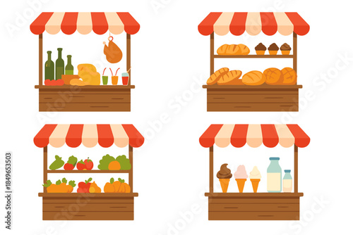 Four market stalls with various food items