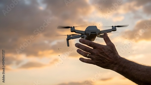 Hand Launching Drone into Cloudy Sky.