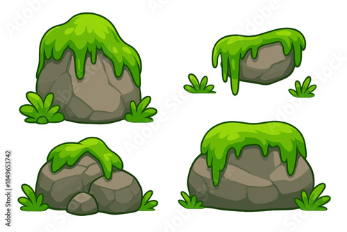 Cartoon rocks with moss and grass in a mystical green environment