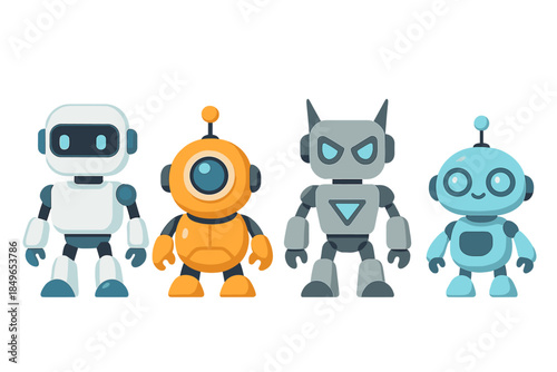 Four stylized robots in a row against a dark, glowing background