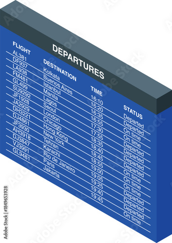 Airport departures board displays real time flight information, including destinations, times, and statuses, keeping passengers informed