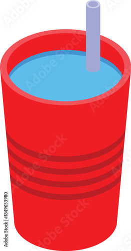 Red disposable plastic cup containing blue liquid with straw, isolated on white background, in isometric view