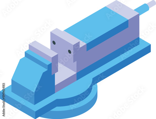 Isometric view of a bench vise, a mechanical apparatus commonly used to secure objects firmly during operations like sawing, drilling, or filing