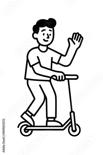 Person riding a kick scooter and waving