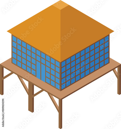 Inviting bungalow with blue walls and a pitched roof stands elevated on sturdy wooden stilts, evoking a tranquil, tropical ambiance