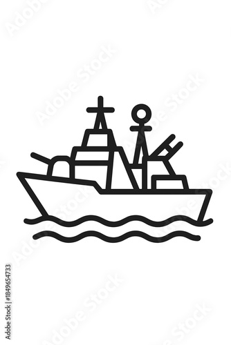 Outline of a warship with cannons and radar on water