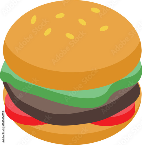 Isometric burger with sesame seeds, meat, lettuce, and tomato, representing fast food and delicious meals