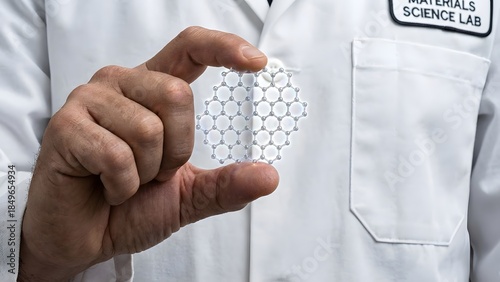 Scientist holding microchip wafer in lab coat.