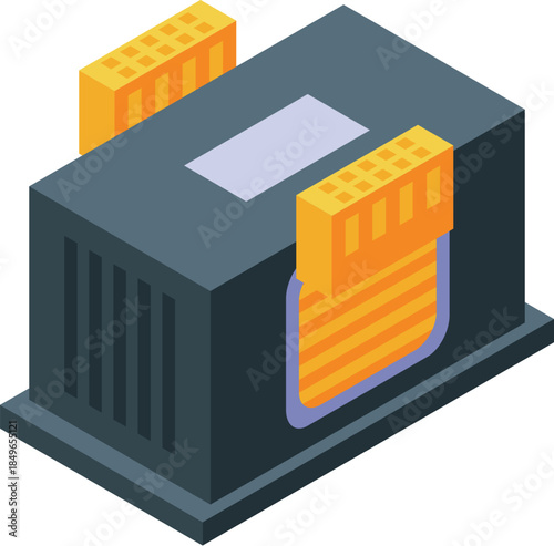 Isometric view of an electric transformer converting high voltage power to a low voltage supply for residential or industrial use