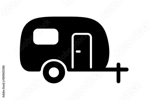 Black silhouette of a caravan on a grey background
