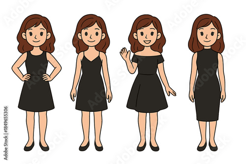 Four women in black dresses
