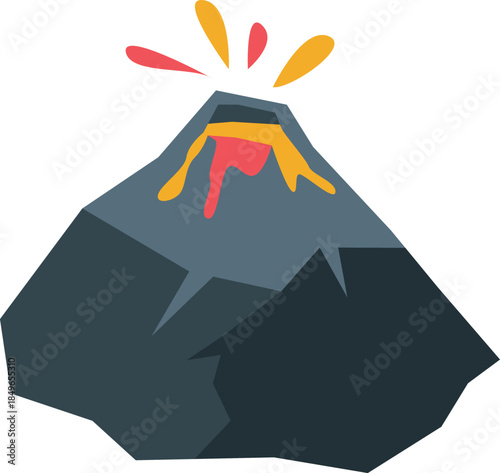 Grey volcano erupting with red and yellow molten lava and smoke