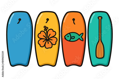 Four Colorful Surfboards with Graphics