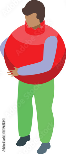 Man hugging a giant red tomato, symbolizing unhealthy eating habits and the need for a balanced diet