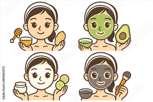 Four women applying different facial masks with natural ingredients