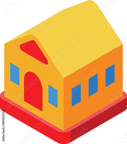 Colorful inflatable bouncy house with yellow roof and red door, perfect for children's parties and outdoor events