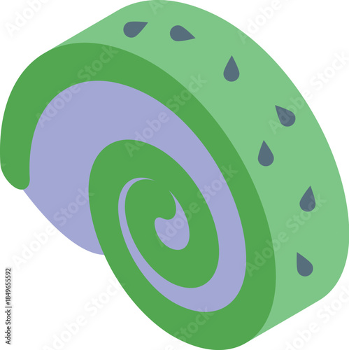 Green swiss roll cake with purple filling and chocolate chips, representing sweet treats and bakery delights