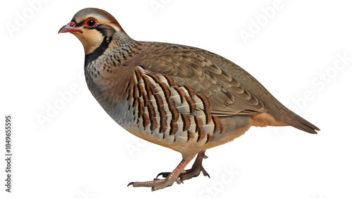 Grey francolin bird standing on black background