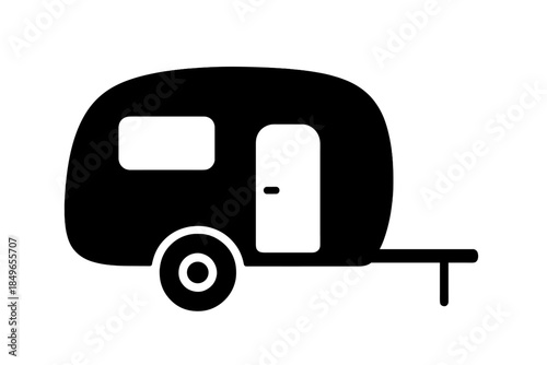Black silhouette of a camper trailer with a white background